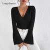 2026 New Women's Long-sleeved V-neck Flared Sleeve Wine Red T-shirt Autumn and Winter Slim-fit Base Shirt Top