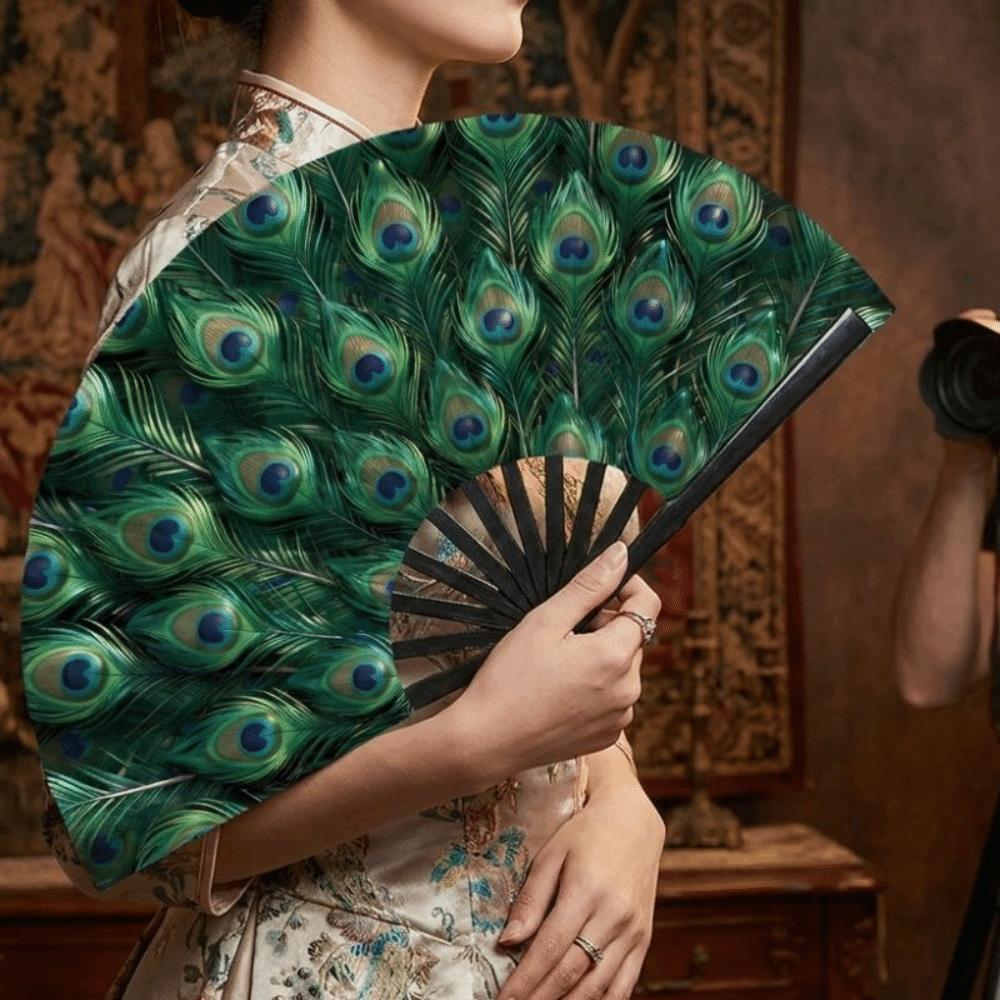 Elegant Flowers Handheld Fan Peacock Tail Pattern Silk Folding Fan Dance Fan Outdoor Travel