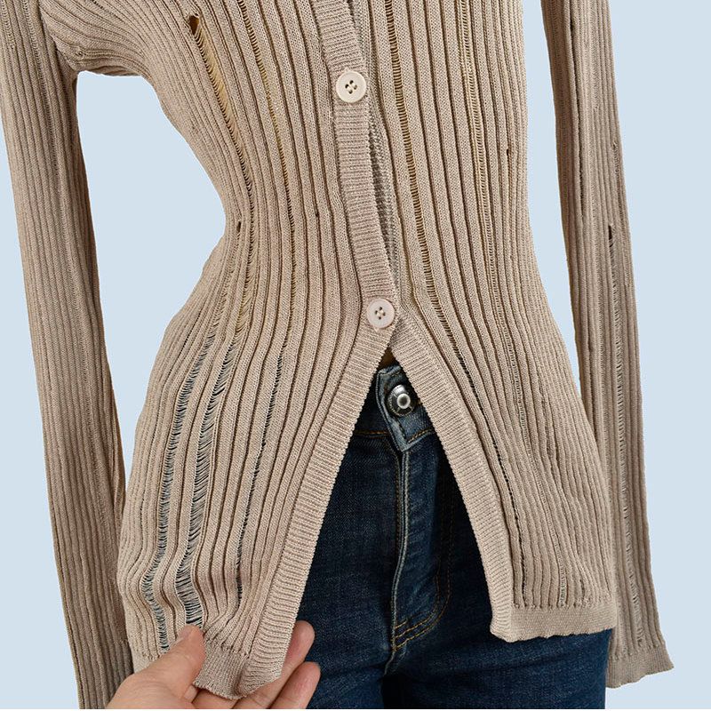 High-Grade Spring and Summer Young Style Single-Breasted Knit Cardigan Slim Fit Slimming Lazy V-neck Hollow Fashionable Top Women