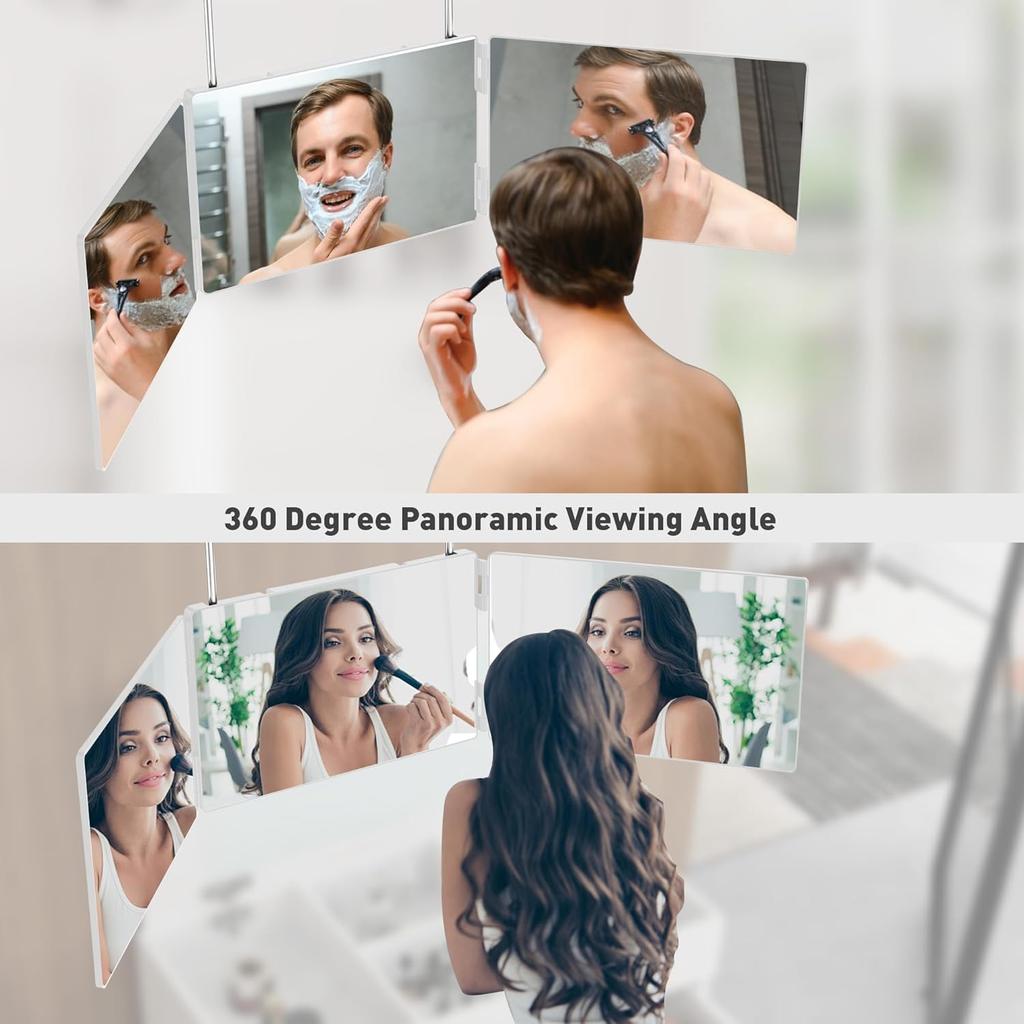 Portable Trifold Vanity Cosmetic Mirror with Height Adjustable Hooks for Self Hair Cutting Makeup Folding for Bath and Travel
