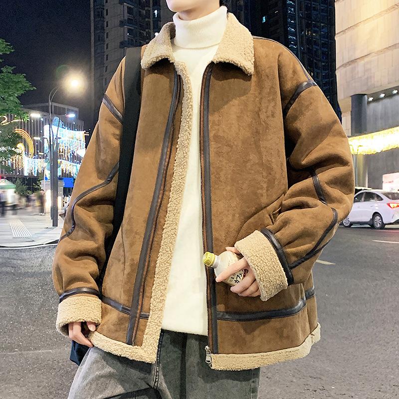 

Замшевая замшевая куртка мужская зимняя трендовая свободная с лацканами на флисе с утолщенным мехом интегрированная куртка модная брендовая куртка хлопковая куртка 3XL коричневый