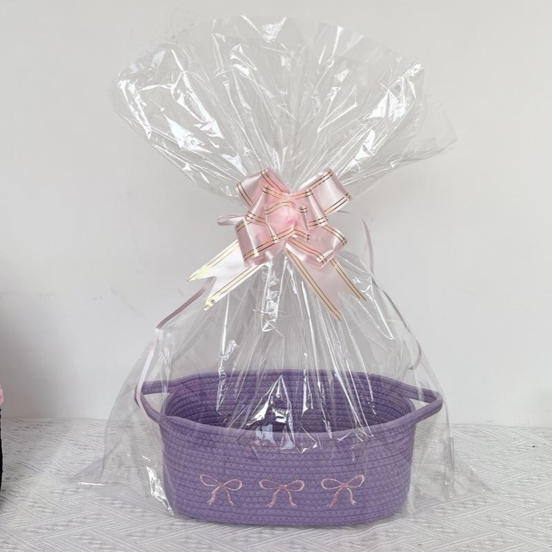 

Pink Bow Cotton Rope Storage Basket with Handle for Bathroom
