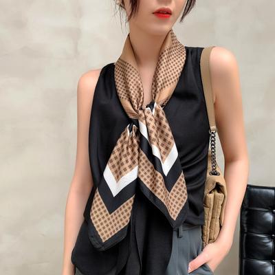 New Style Square Scarf Tie Neck Small Checkered Design Retro Literary Shawl Scarf Sunscreen
