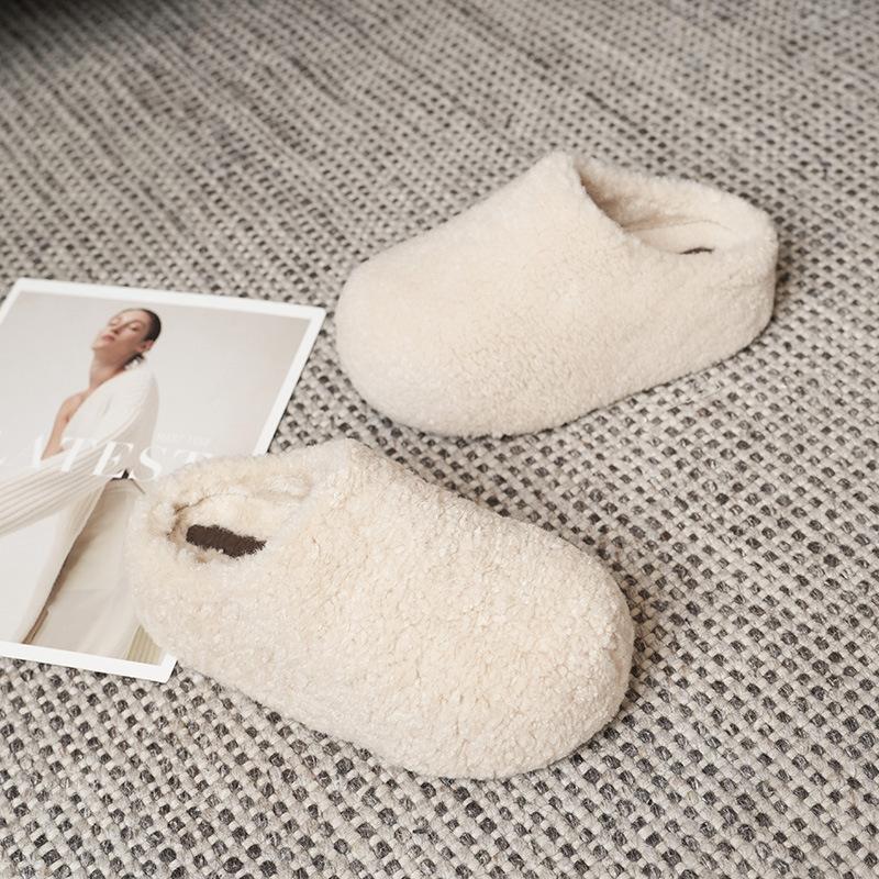 Women's retro lightweight comfortable non-slip heightening winter warm plush lining non-slip durable casual cotton one-step slippers
