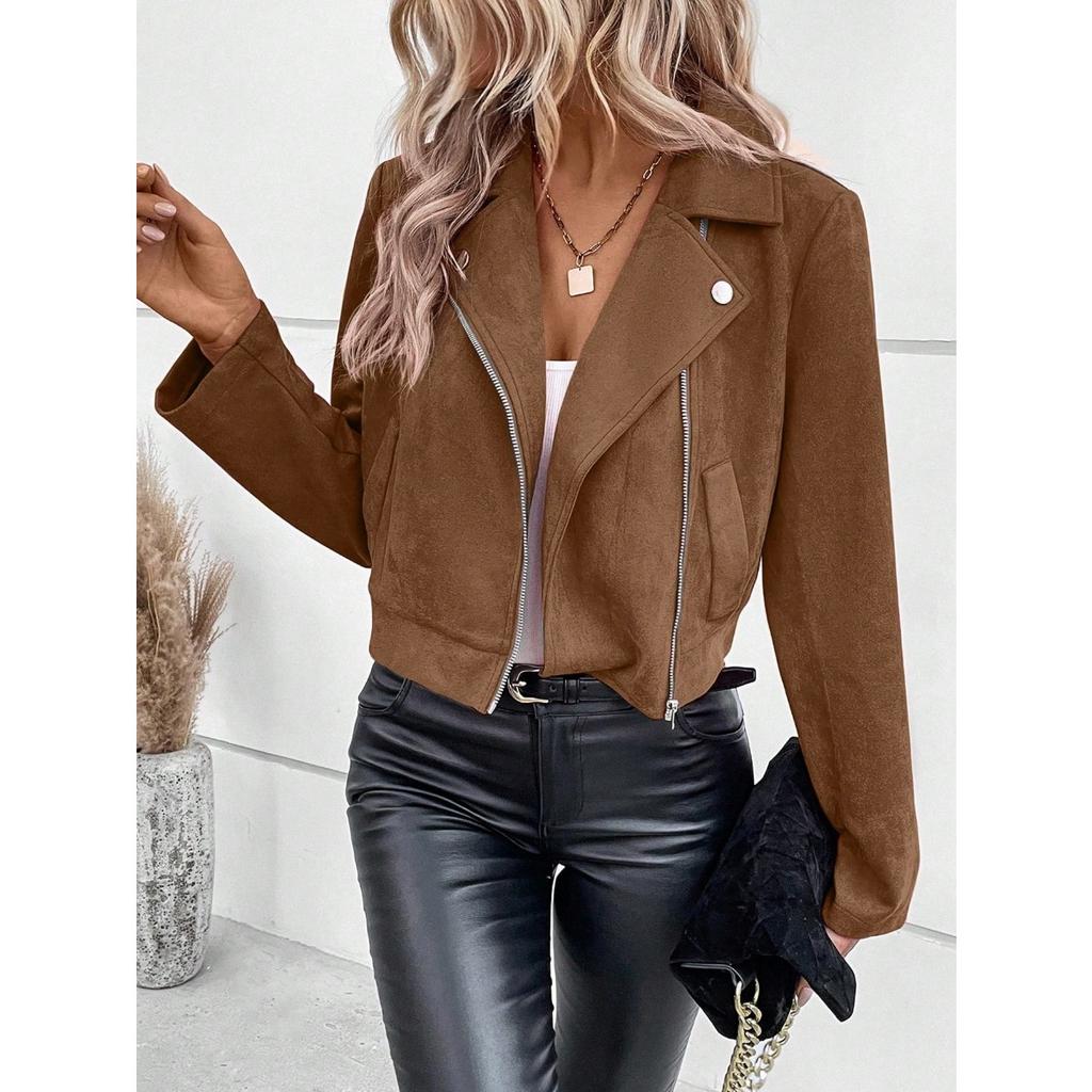 2025 New Winter Women's Slim Short Lapel Zipper Jacket Faux Suede Outerwear for Europe and America