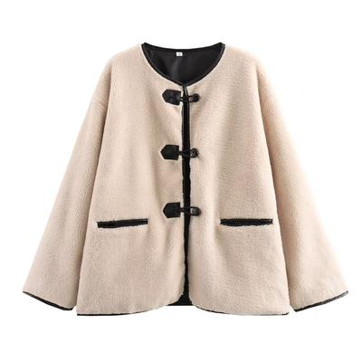 Early Spring New Solid Color Retro Lamb Wool Round Neck Buckle Decorative Fur Integrated Short Coat
