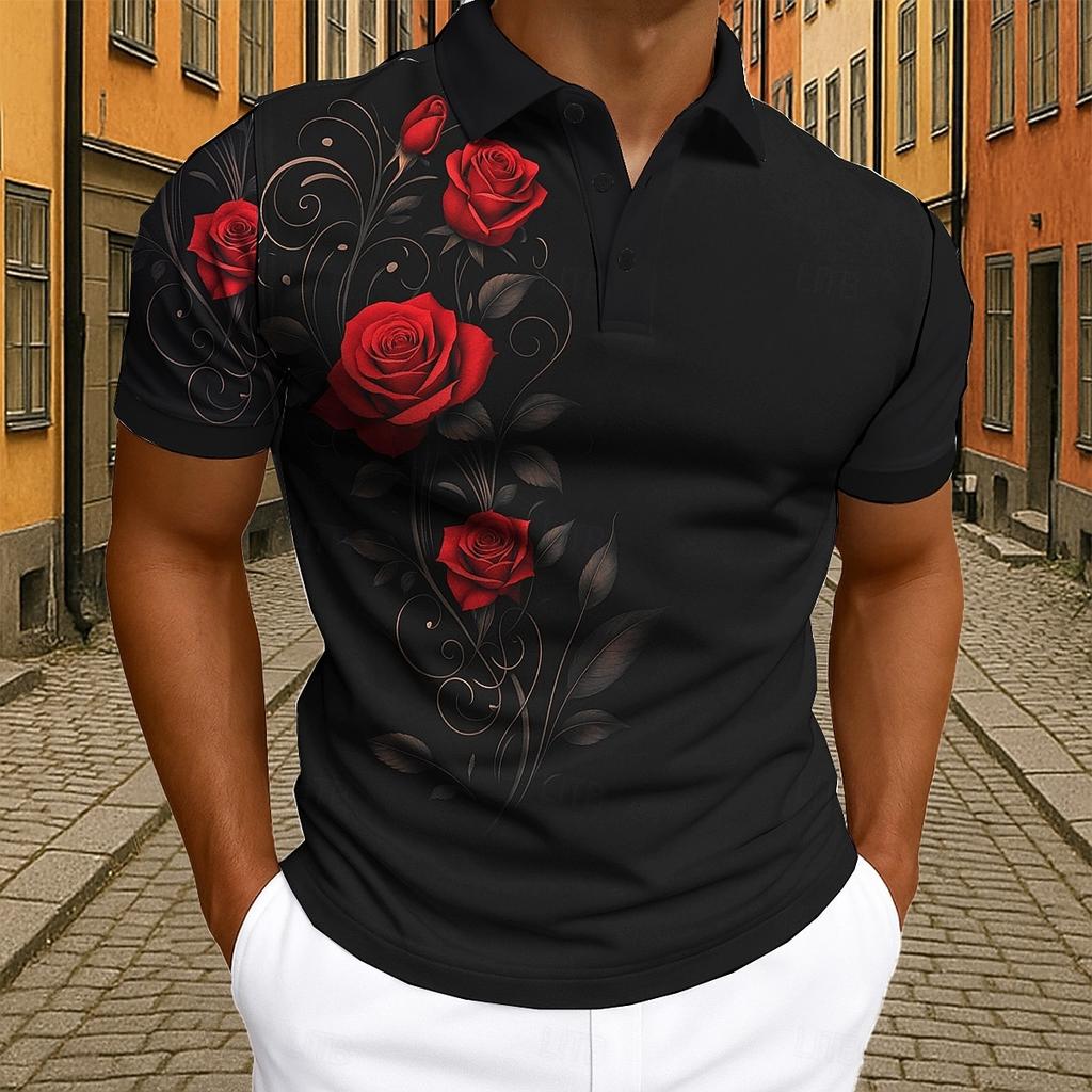 Elegantes Rotes Rosen-Blumenmuster Poloshirt Herren Outdoor Street Kurzarm T-Shirts Oberteil Sommer Zuhause Lässiges T-Shirt Herren und Damen Poloshirt