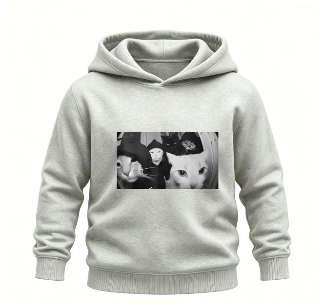 Funny Aesthetic Black‑and‑White Gang Cat Photo Graphic Kids Hoodie Loose Oversized Pullover Boys Girls Casual White Sweatshirt