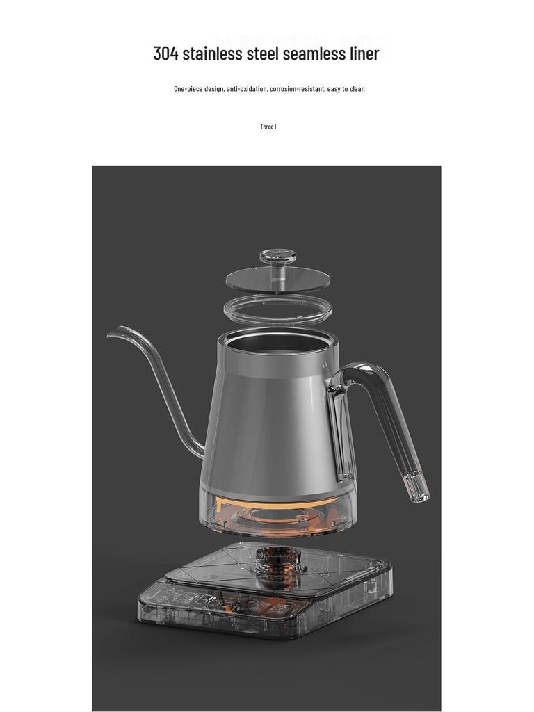 Temperaturkontrollerad vattenkokare i rostfritt stål med svanhals och överhällbar kaffe- och tekokare