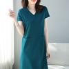 Peacock Blue Short-sleeved Dress for Women Spring Summer Mid-length Loose V-neck Skirt