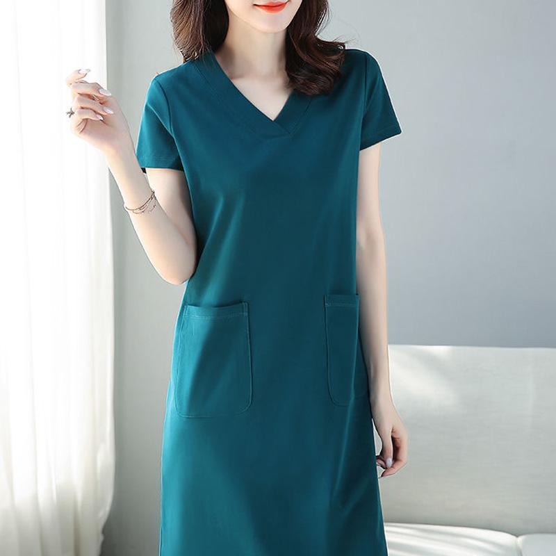 Peacock Blue Short-sleeved Dress for Women Spring Summer Mid-length Loose V-neck Skirt