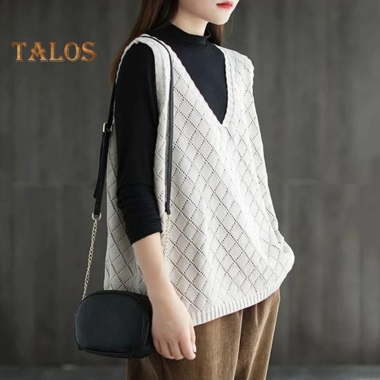 Spring Fall Women Vest Knitted Sweater Retro V Neck Loose Sleeveless Solid Color Pullover Hollow Out Rhombus Texture Daily Wear Top