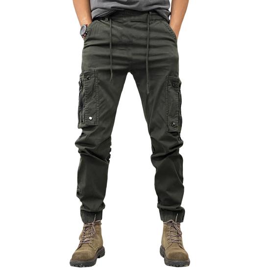 Spring Fall Men Cargo Pants Drawstring Waist Multi Pockets Ankle-banded Solid Color Sport Trousers Daily Wear Outdoor Training Exercise Trousers