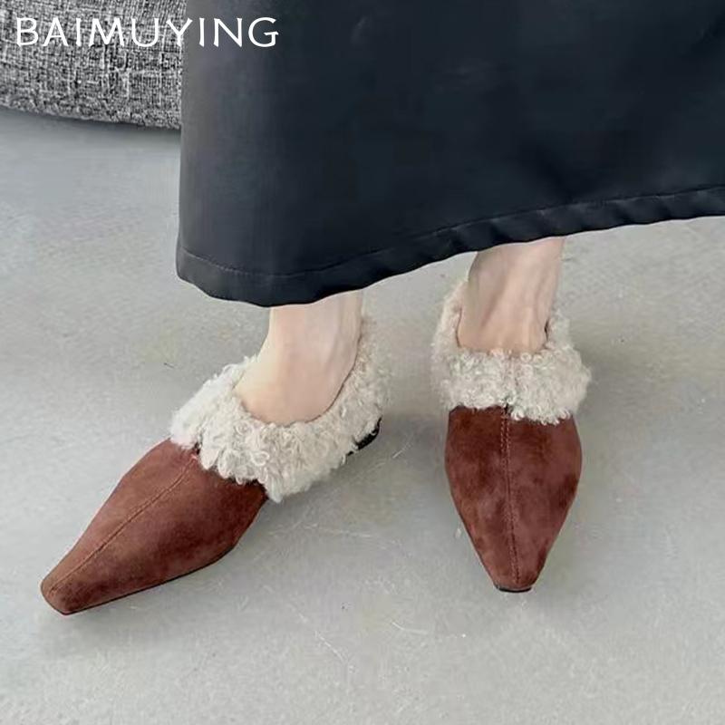 Fur Women Flats Shoes Suede Pointed Toe Sexy Shoes New Brand 2025 Trend Winter Designer Classic Fashion Dress Mujer Zapatillas