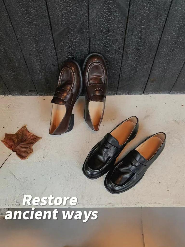 Cowhide Version~~ New Small Leather Shoes Women's Thick Heel Platform Lazy Shoes Genuine Leather Loafers