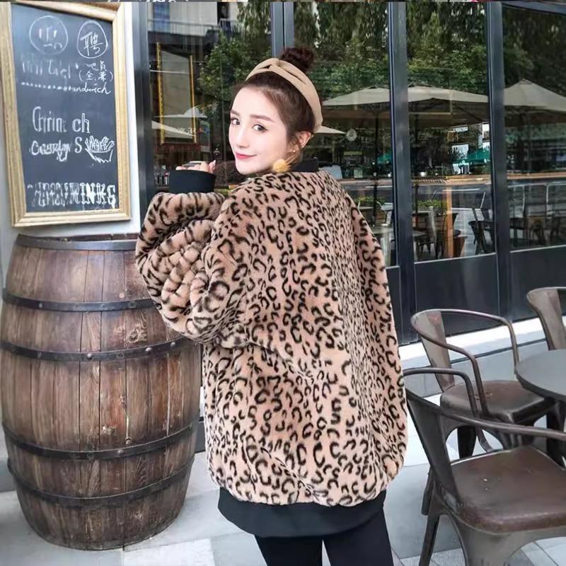Autumn and Winter Leopard Print Jacket Rabbit Fur Jacket Fashion Baseball Jersey Threaded Women's Clothing Medium and Long Zipper Fur Clothes