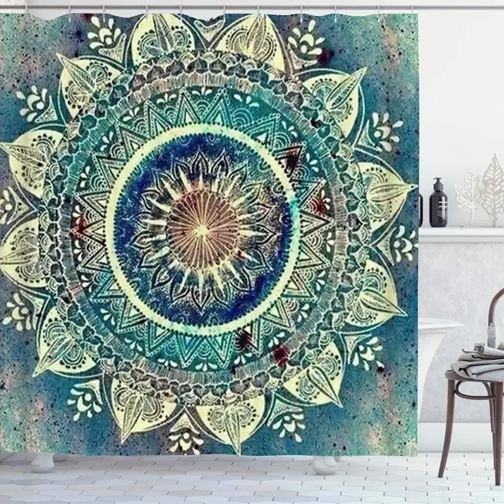Bohemian 3D Shower Curtain, Indian Mandala Flower Green Blue Chic Color Modern Pattern Bathroom Fabric Home Decor Shower Curtain