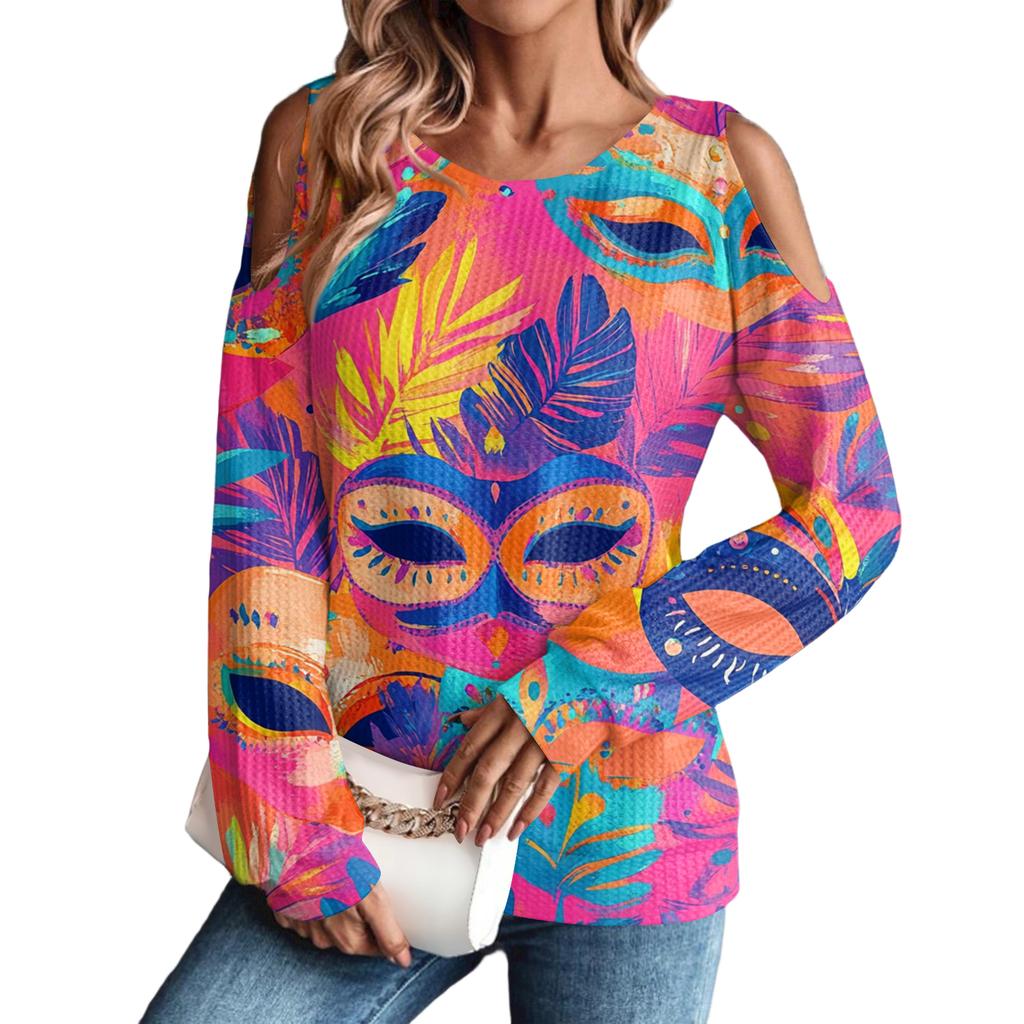 Women's Winter Oversized T-Shirt Fashionable Off-the-Shoulder Round Neck Vintage Floral Print Pullover Long-Sleeved Top