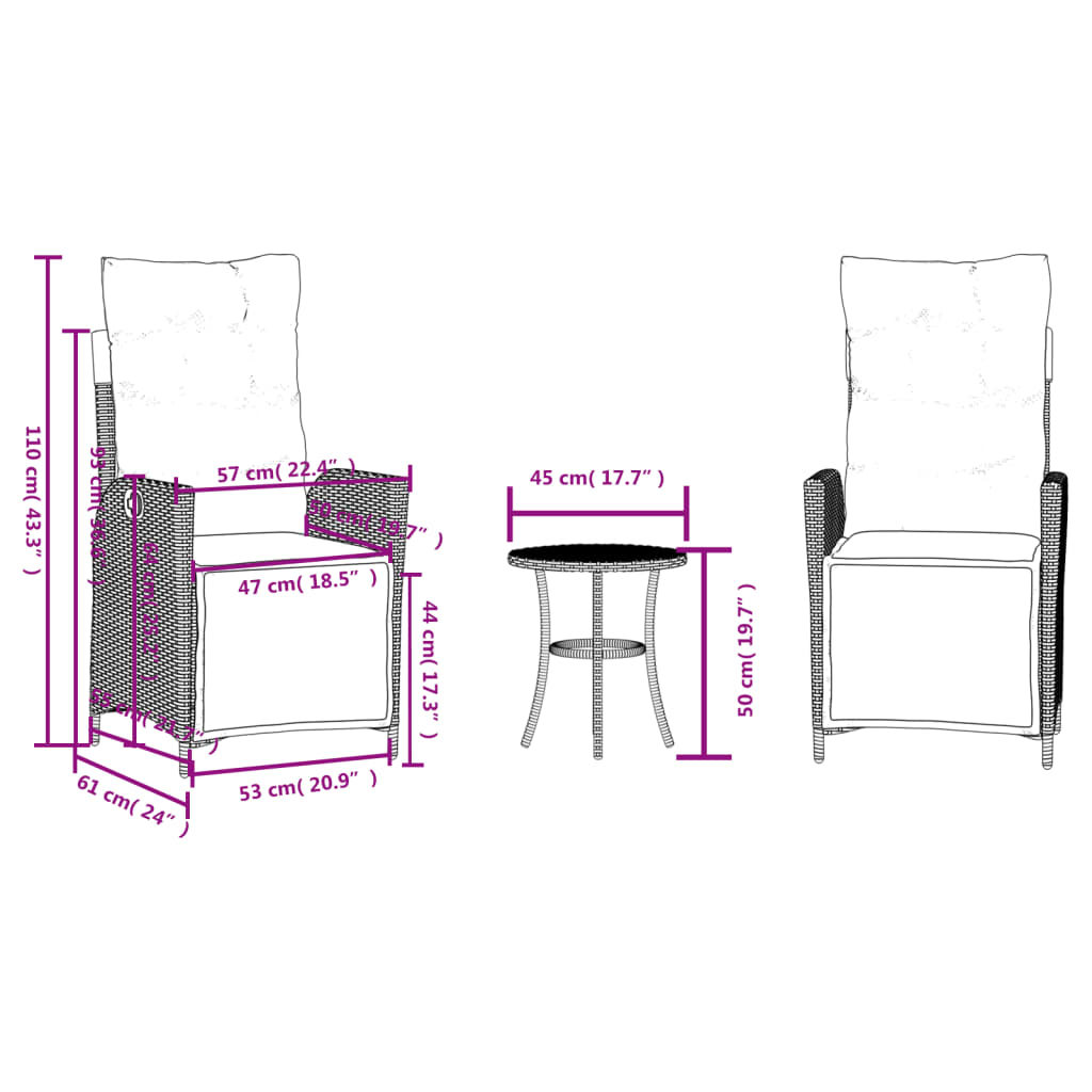 3 Piece Bistro Set with Cushions Black Poly Rattan