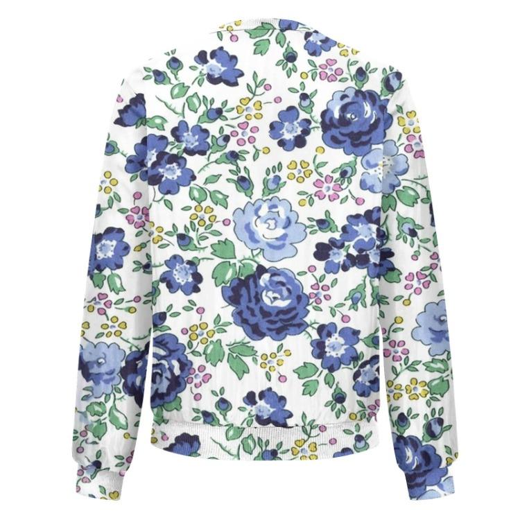 Fashionable Women Long Sleeve Casual Jacket Floral Leaf Print Round Neck Zipper
