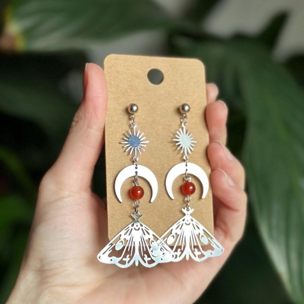 Silver Earrings With Crystal Moon And Sun Pendant For Women