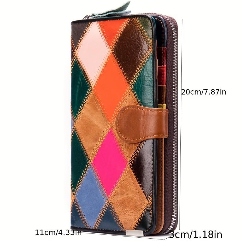 Genuine Leather Bifold Wallet, Vintage Colorblock Coin Purse, Retro Patch Work Credit Card Holder