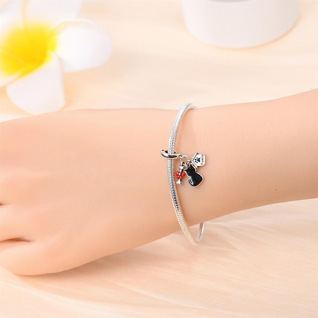 Original Copper Charms Luxury Black Cat Pendant Bow Tie Beads Fit Bracelet Diy Women Making Delicate Gift