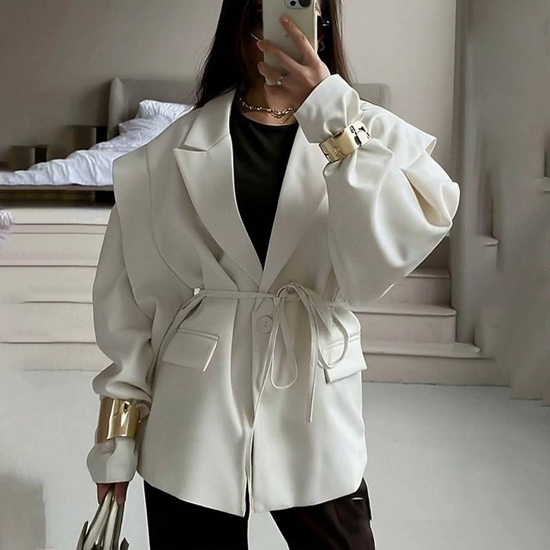 Damenblazer High-End-Gefühl für Frühling und Herbst Damen Temperament Pendler Taillen-Schnürung Schultergepolsterter Blazer