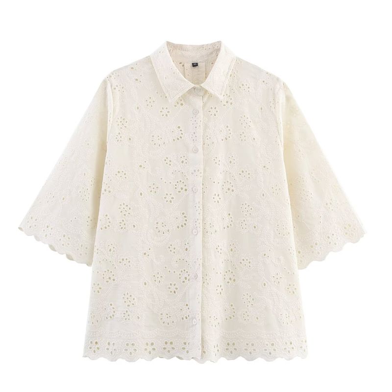 Kaslead New Women clothes Western Style Hollow Embroidery Shirts Casual Trousers 2731063 2731064