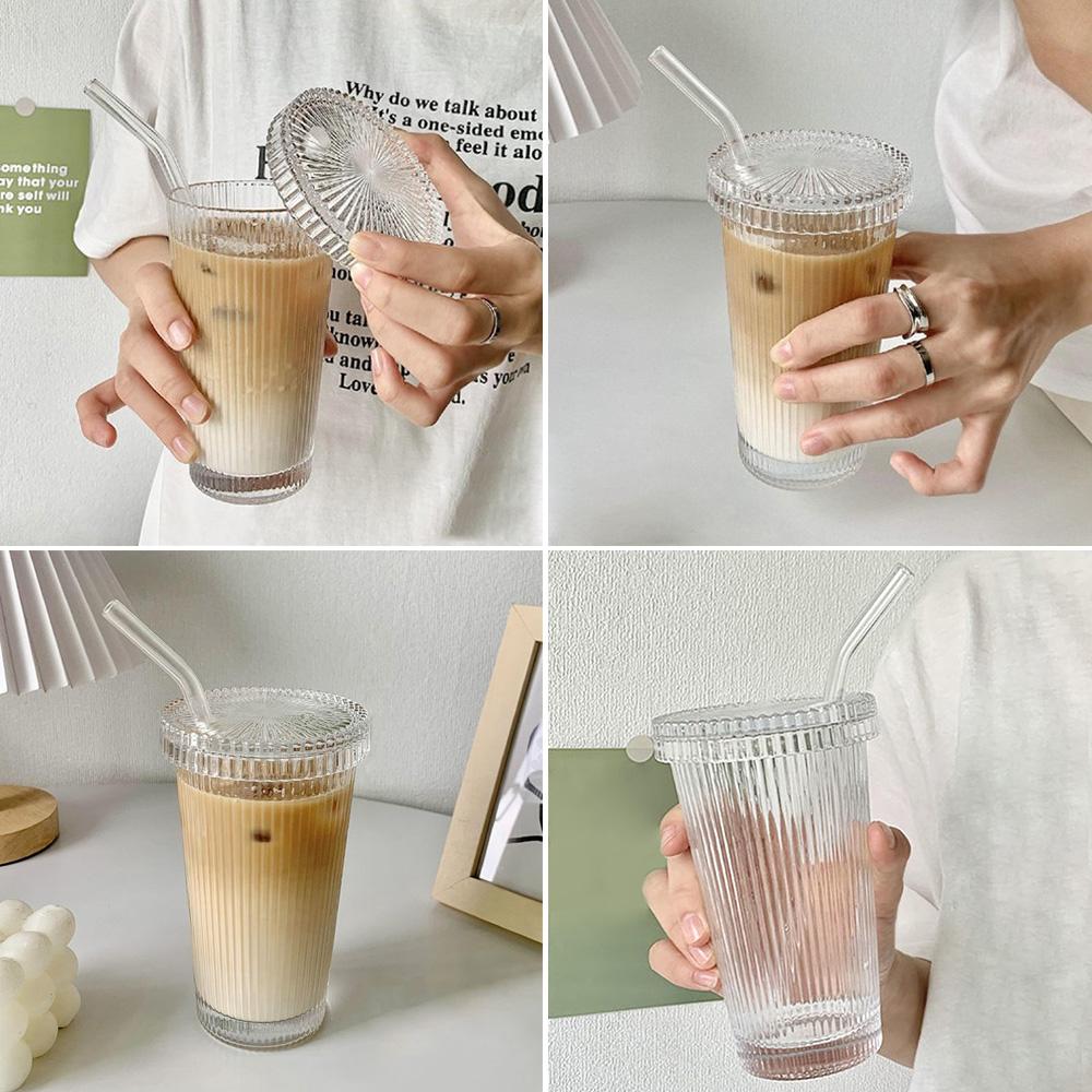 375Ml Stripe Glass Cup with Lid Straw Japanese Style Drinking Chic Mugs Milk Coffee Drinkware Tea Birthday Gifts Whiskey Glasses