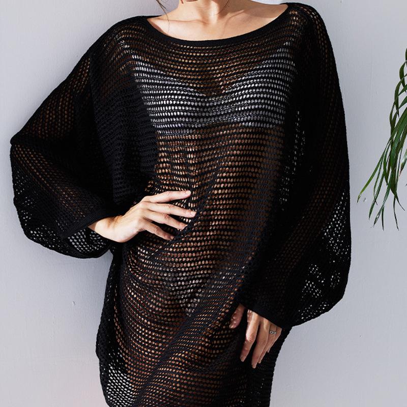 White Hollow Knit Loose Long Cardigan with Simple Fashion Design L чёрный
