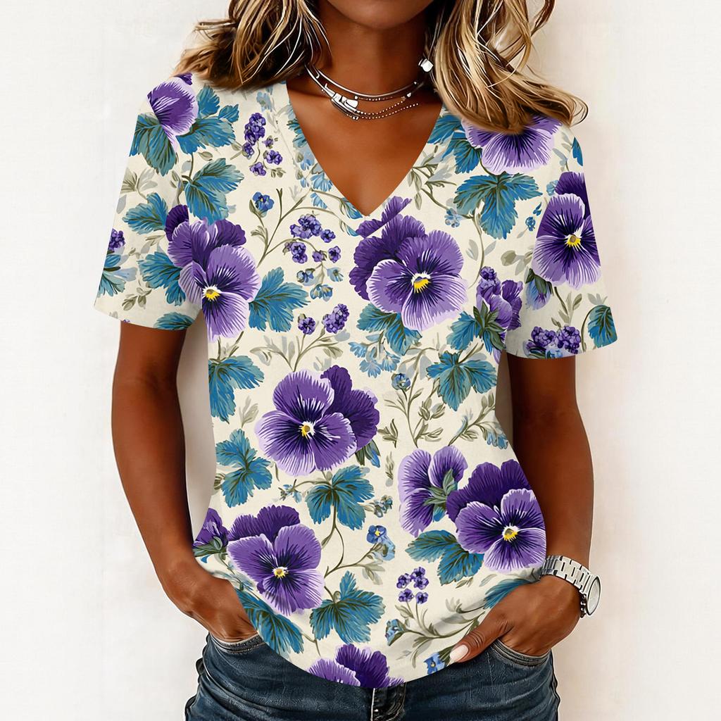 Women's fashionable casual short-sleeved floral print V-neck pullover top