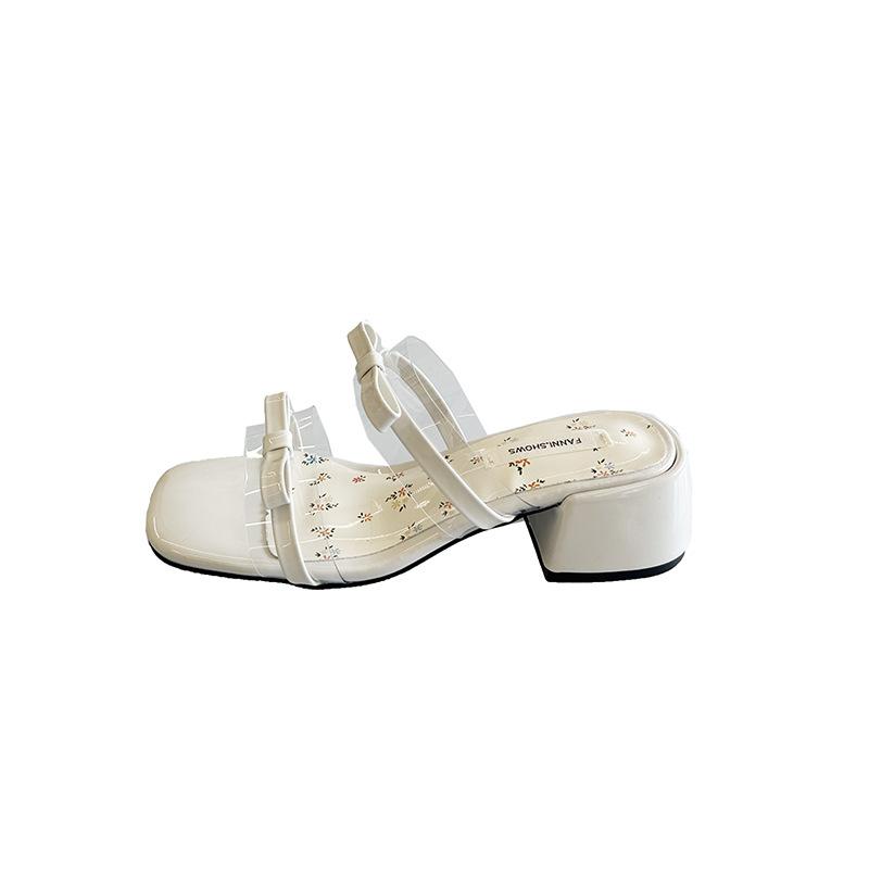 French bow thick heel slippers women's outer wear 2025 summer new with skirt high heel one word with fashion slippers