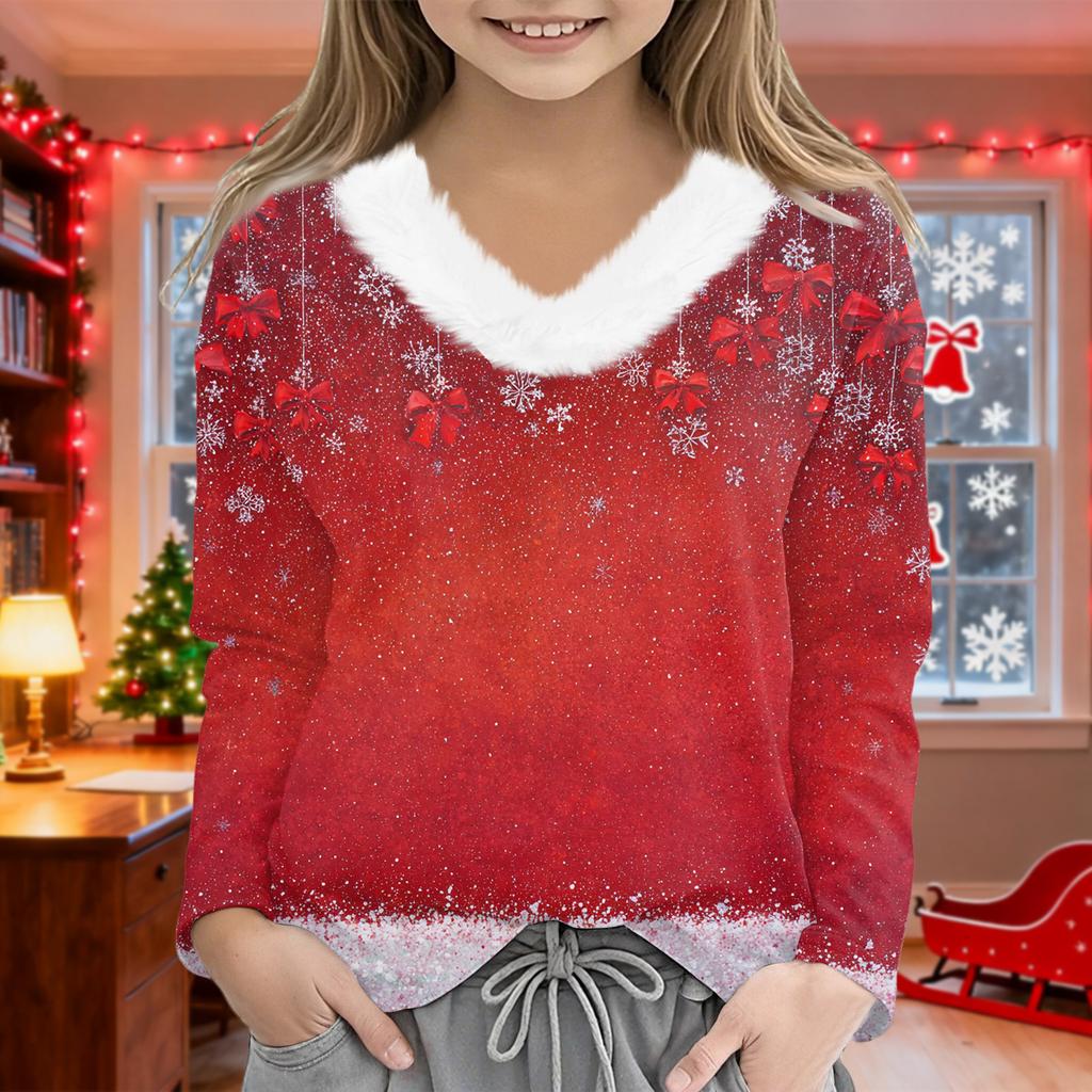 Christmas Day Girls Long Sleeve T Shirts Kids  Girls' V-Neck Tee Christmas Print Long Sleeve Top