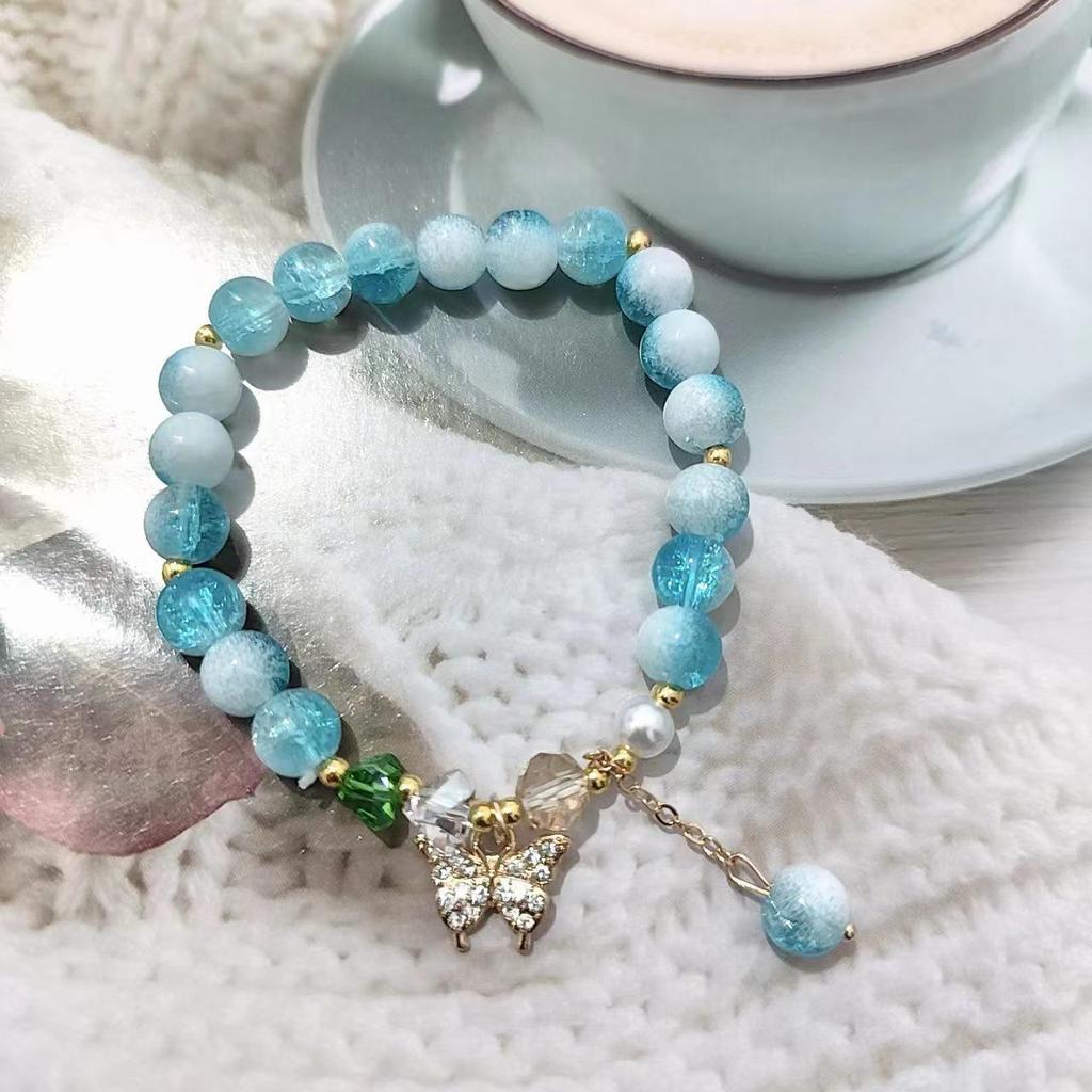 New Women's Mori Style Butterfly Glass Bracelet with Colorful Crackle Beads