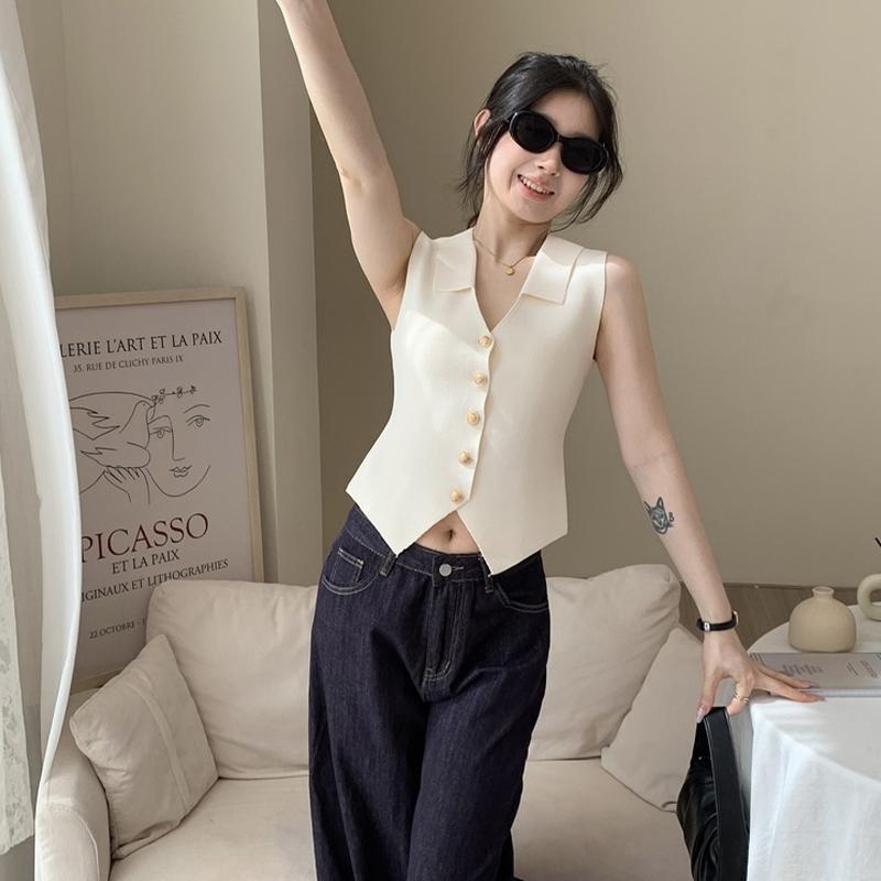 French Temperament V-Neck Single Breasted Sleeveless Slim Knitted Vest For Women