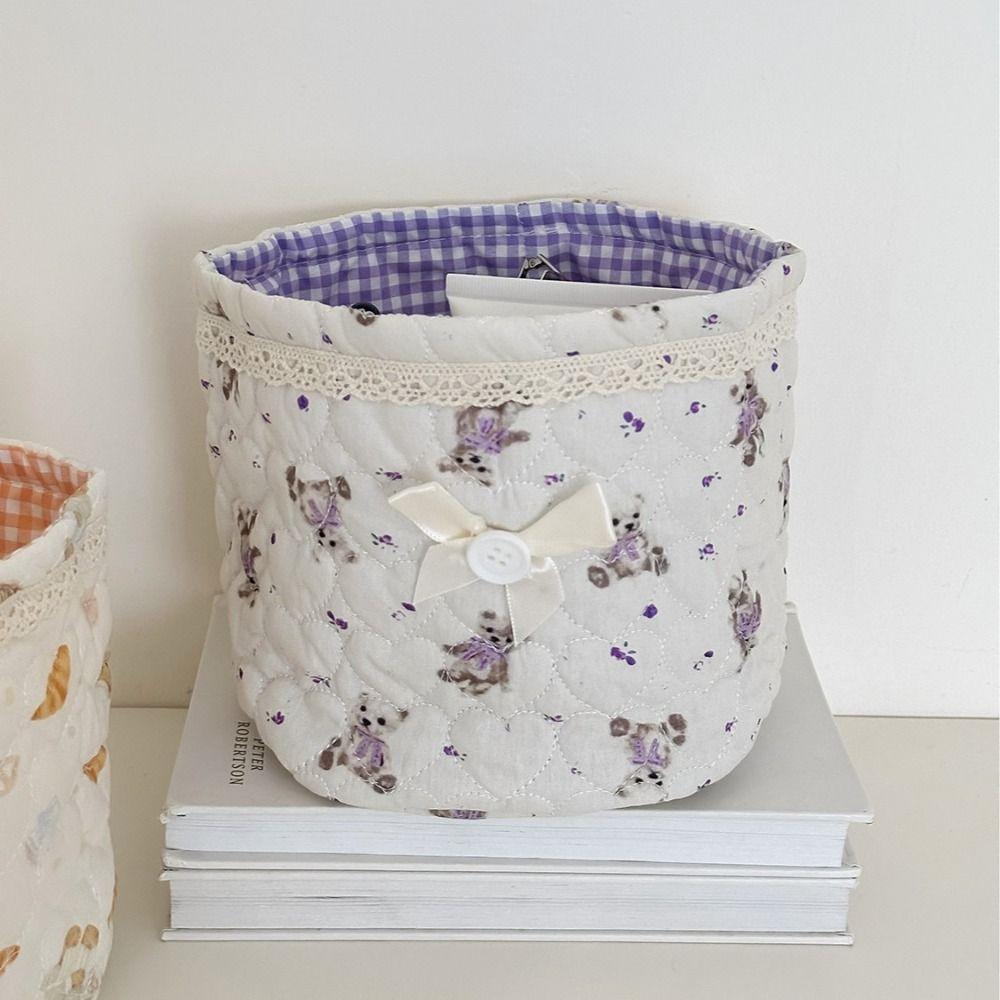 Sweet Bear Series Desktop Storage Basket Quilting Cotton Cylindrical Organizer Box Cartoon Large Capacity Storage Frame