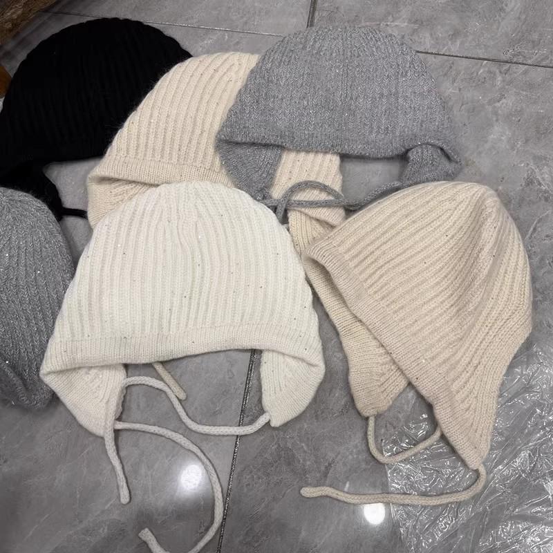 Heavy Industry Personalized Sequins Skinny Ear Protection Rabbit Hair Knitted Hat Women's Autumn and Winter Casual Versatile Plush Wool Lei Feng Hat