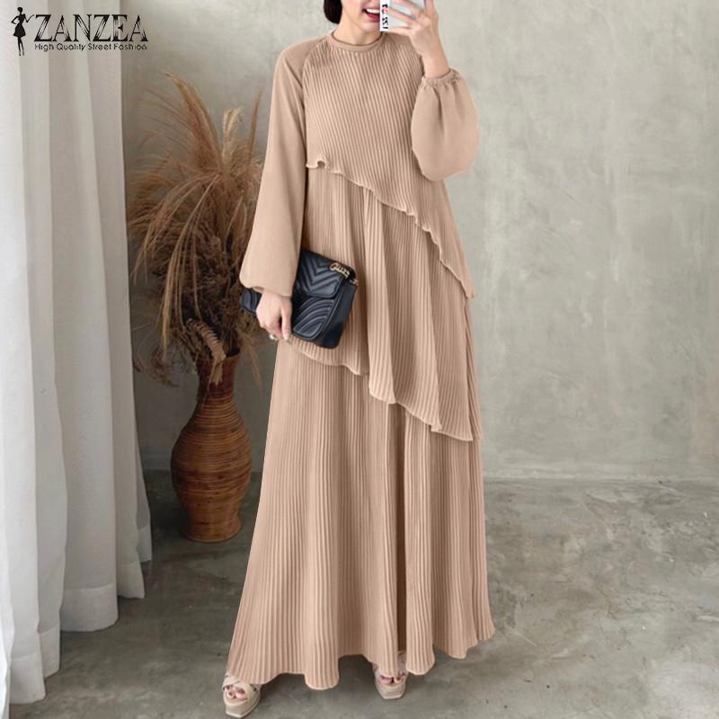 ZANZEA Women Casual O-Neck Ankle Length Lantern Sleeve Pleated Design Dress