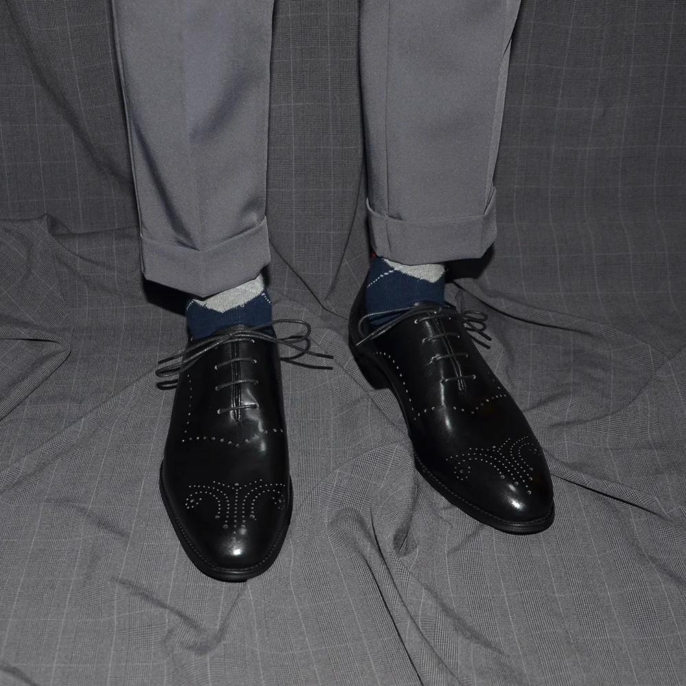 Italian Style Men's Dress Shoes Genuine Cow Leather Lace-Up Whole Cut Brogue Details Mens Oxfords Business Office Formal Shoes