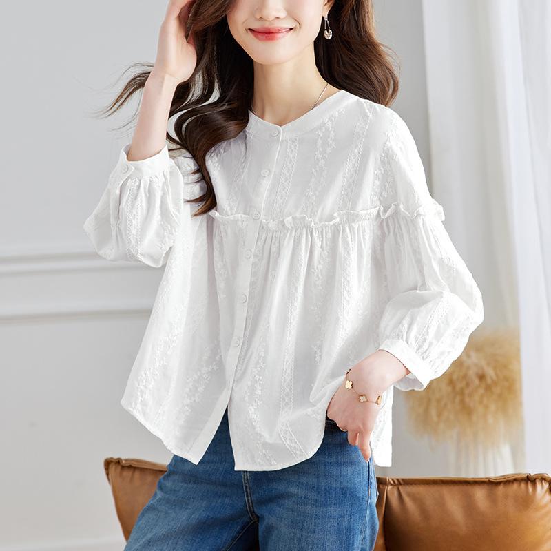 New Spring Pure Cotton Long-sleeved Shirt for Women Chinese Round Neck Jacquard Chic Top for Women Long-sleeved Shirt