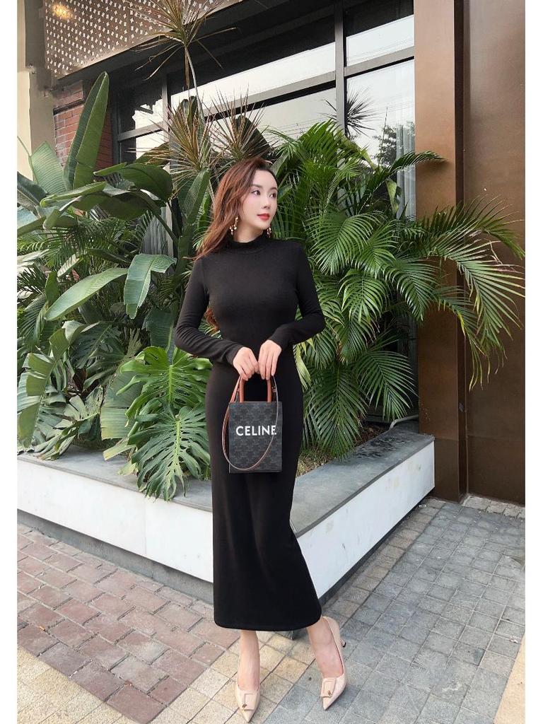 Elegant High-End Autumn Winter Dress: Warm, Semi-High Collar, Slimming Socialite Style