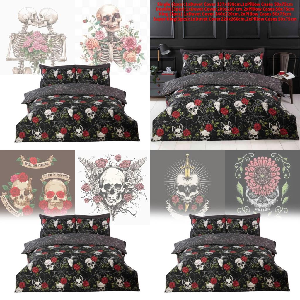Halloween Totenkopf und Rose Wendbare Bettbezug-Set Mit Cartoon-Muster Für Schlafzimmer-Dekoration