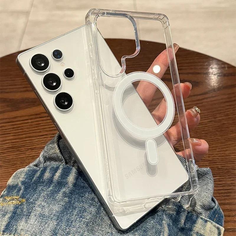 Magsafe Magnetic Charge Case For Samsung Galaxy S25 S24 S23 S22 Ultra Plus FE S25 Edge A16 A15 A35 A55 Clear Acrylic Slim Cover