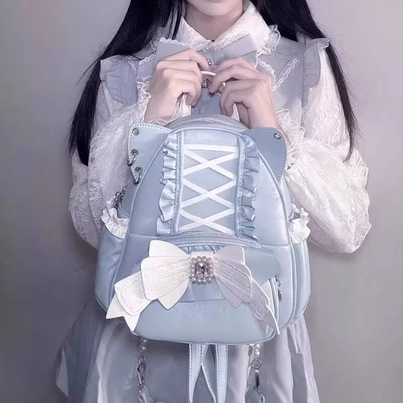 Cute Cat Ear Backpacks Sweet Women Lace Bow Decoration Y2K Punk Knapsack Girls Large Capacity School Rucksack