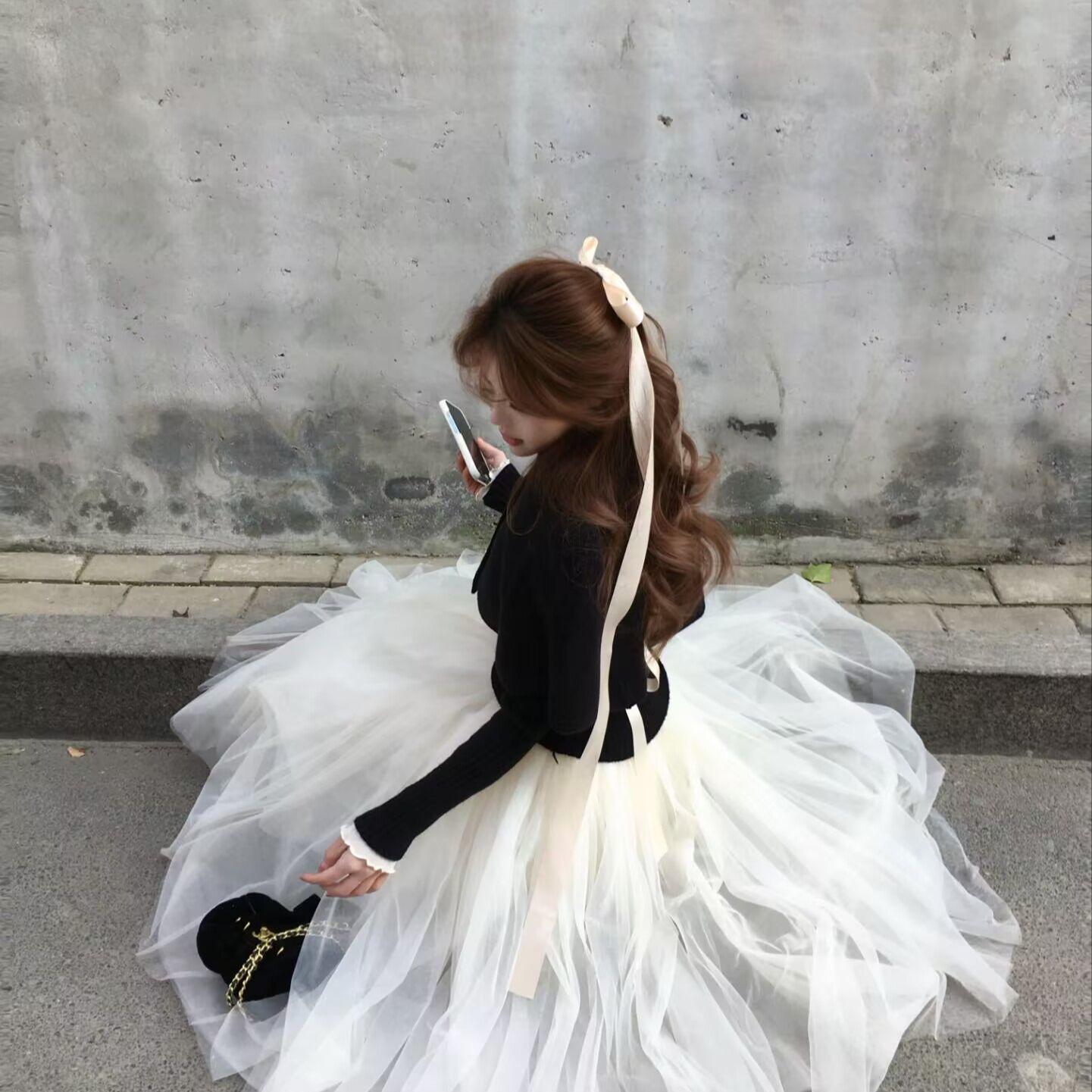 

High-Version Hepburn-Style Korean Fluffy Mesh Cake Skirt One Size белый