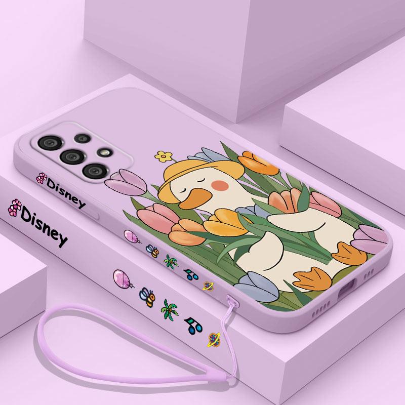 Duck With Sunglasses Cute Cartoon Phone Case For Samsung A73 A53 A33 A52 A32 A71 A51 A21S A50 A30 5G Liquid Left Rope Soft Cover