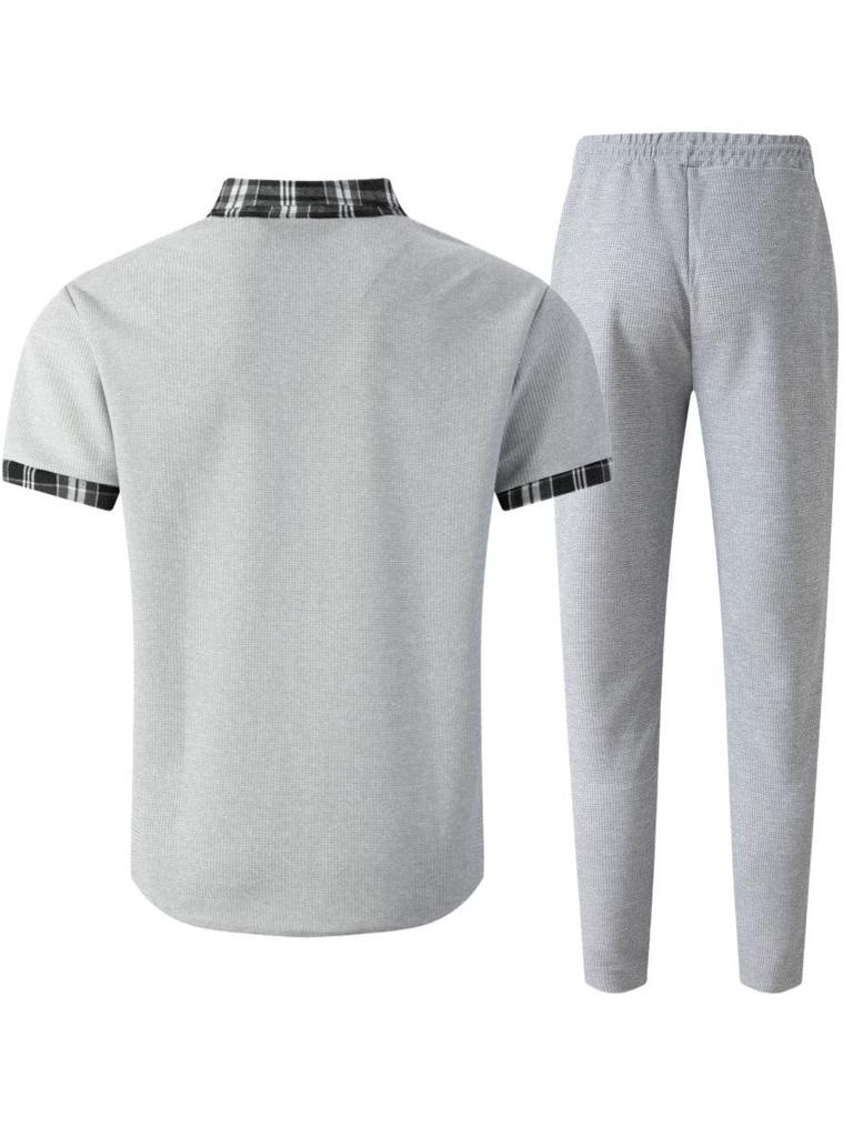 Men's Plaid Color Block Waffle Short Sleeve Cardigan Shirt & Long Pants Casual Set