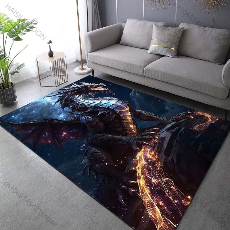 Multiple sizes Black dragon with starry background Print Carpet Rug for Living Room Bedroom Sofa Doormat Home Decor Non-slip Mat