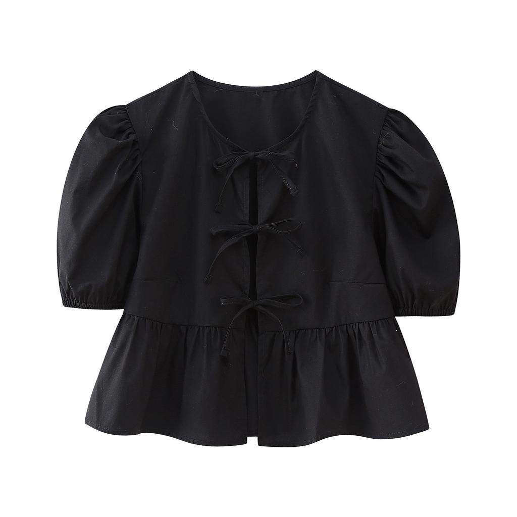 Dolce Casual Cravatta Girocollo Maniche a Bolla Versatili Camicette Camicia Corta